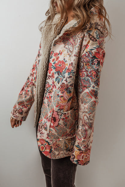 Vintage Paisley Floral Printed Sherpa Lined Hooded Jacket | Beige