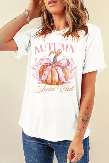 Autumn Girly Thanksgiving Bowknot Pumpkin Graphic T Shirt | White