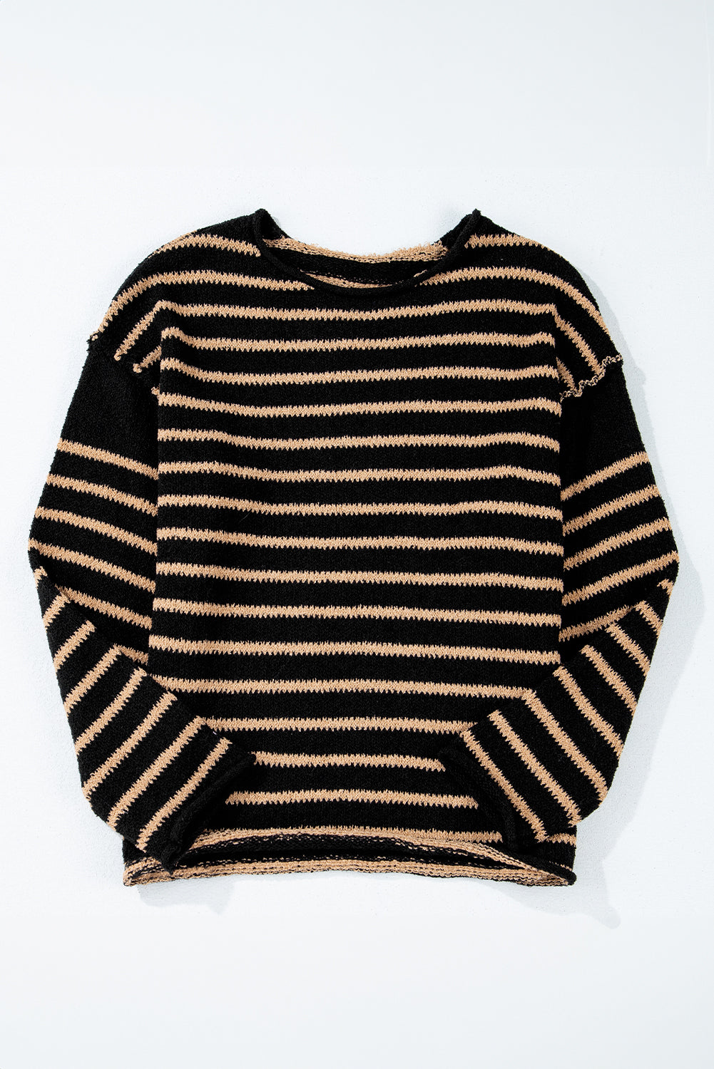 Drop Shoulder Round Neck Loose Sweater | Black Stripe