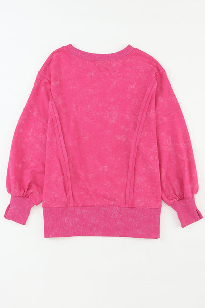 Acid Wash Relaxed Fit Seamed Pullover Sweatshirt With Slits | Rose