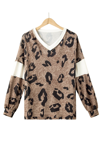 Contrast V Neck Drop Shoulder Leopard Top | Multicolour