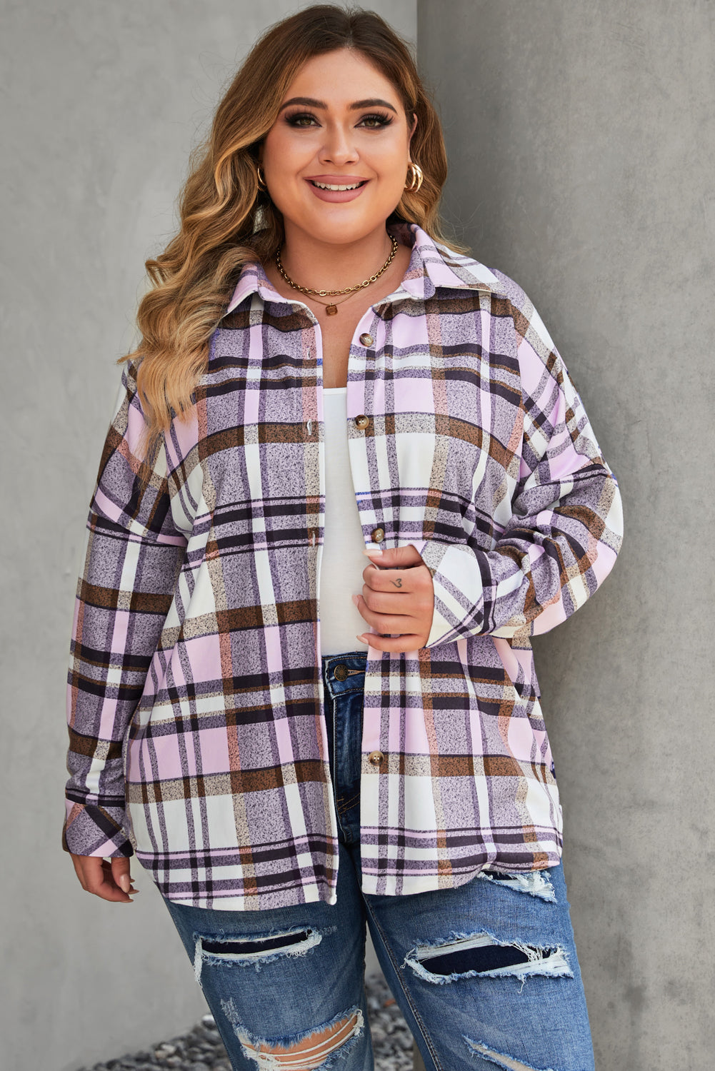 Pink Plus Size Plaid Fringed Back Button Shacket