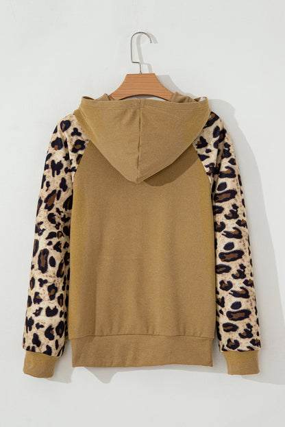 Leopard Print Patchwork Raglan Sleeve Half Buttons Hoodie | Light French Beige