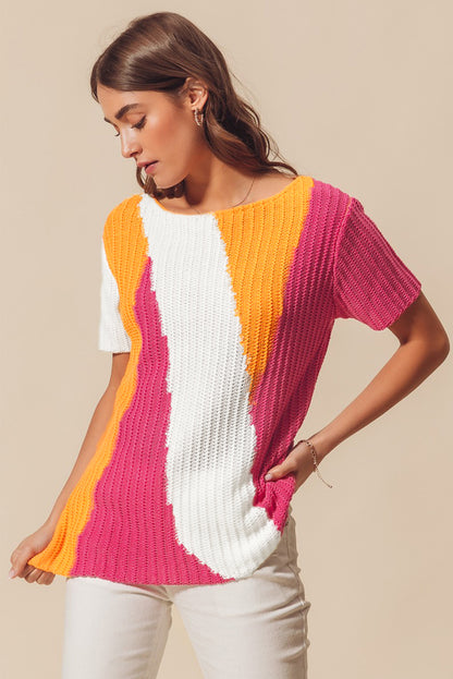 Textured Knit Colourblock Short Sleeve Sweater | Orange