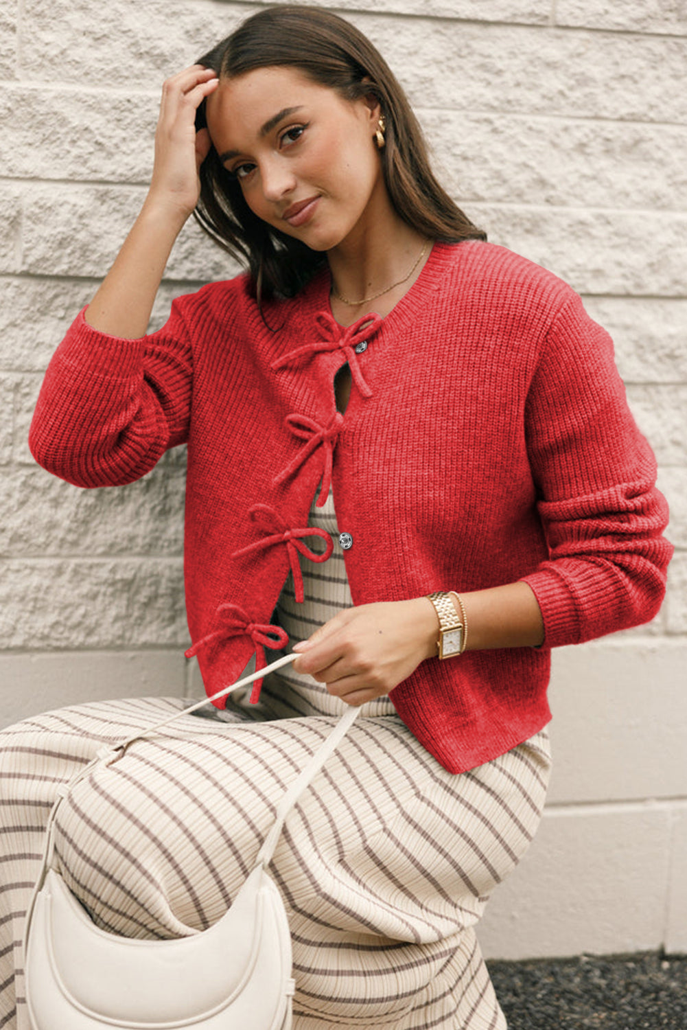 Ribbed Knit Bow Front Buttoned Cardigan | Fiery Red