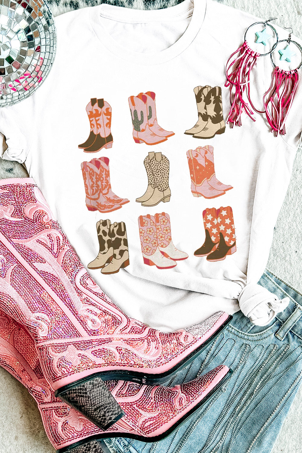 Western Cowboy Boots Print Round Neck T Shirt | White