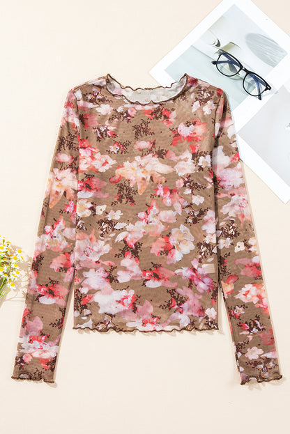 Floral Print Sheer Mesh Long Sleeve Top | Red