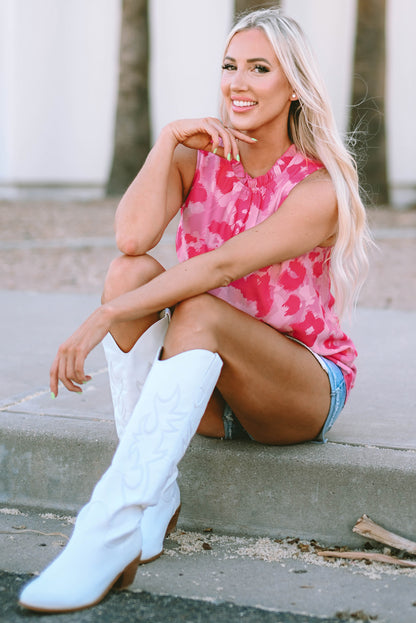 Pink  Frilled Collar Printed Tank Top | Leopard