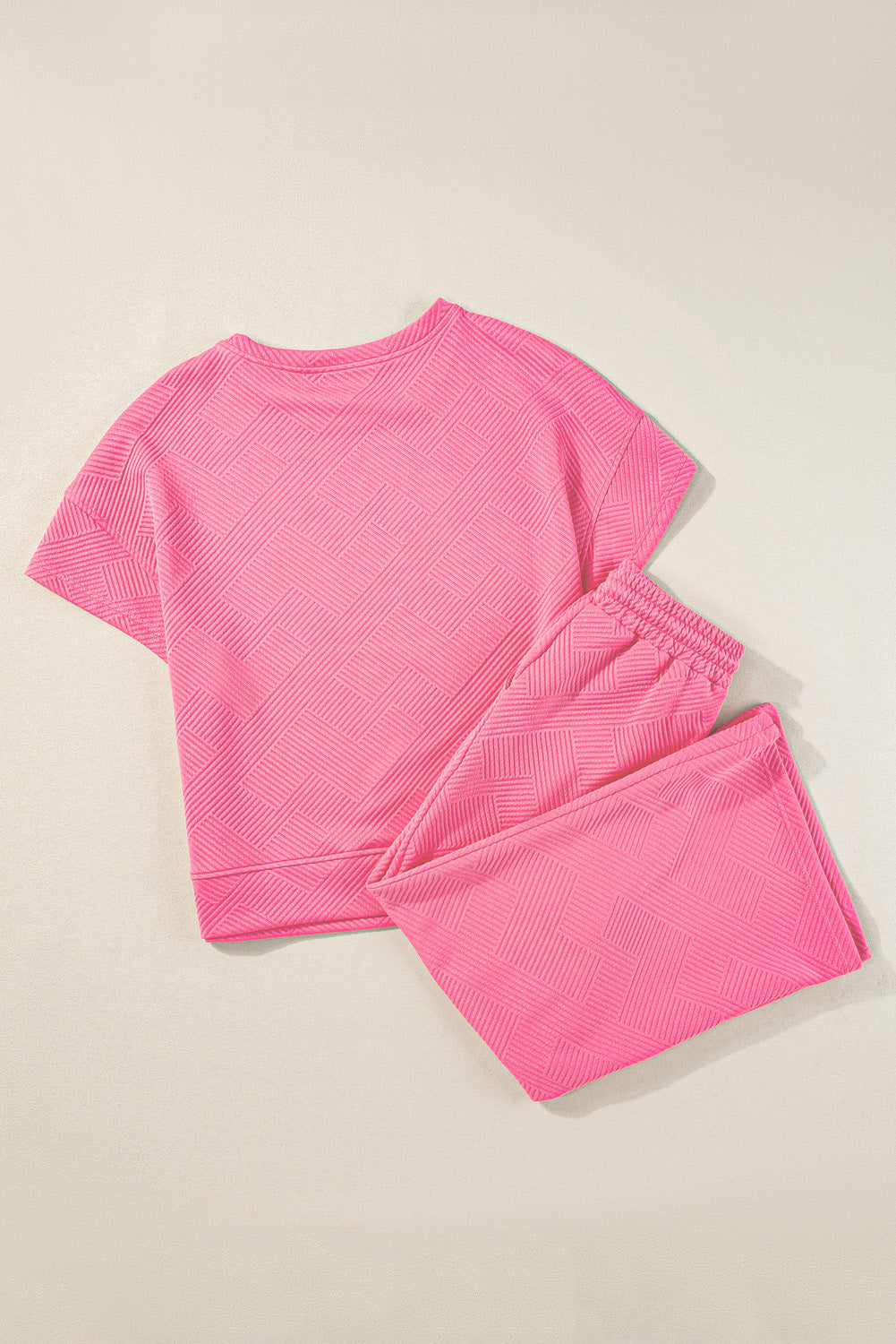 Textured Loose Fit T Shirt And Drawstring Pants Set | Strawberry Pink