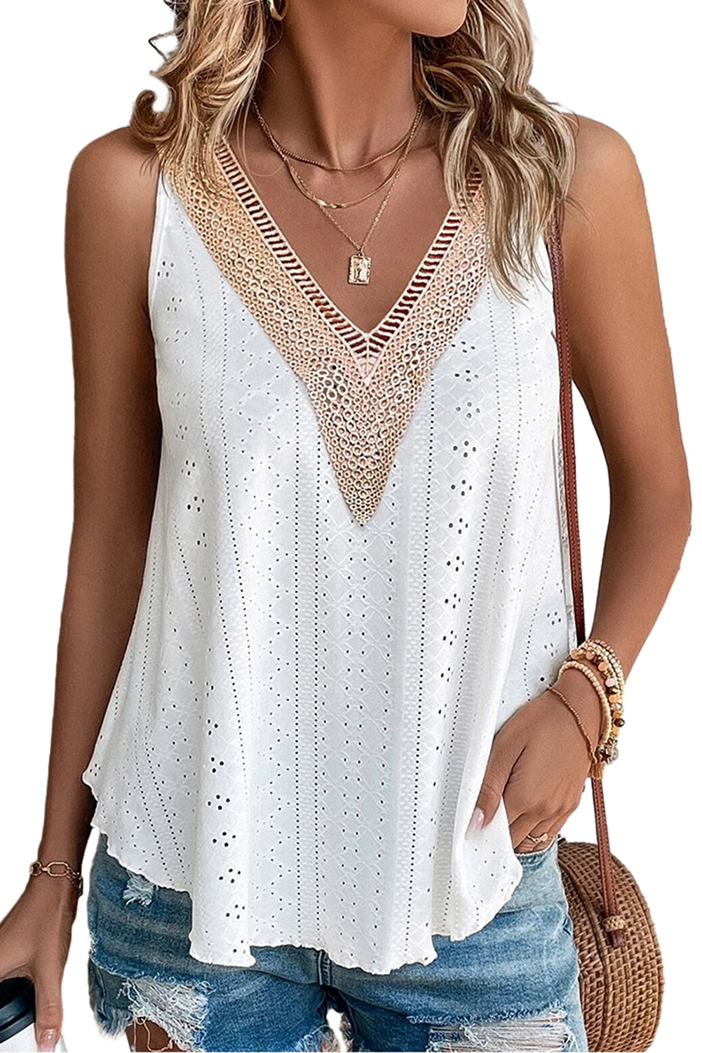 Lace Crochet Splicing V Neck Loose Fit Tank Top | White