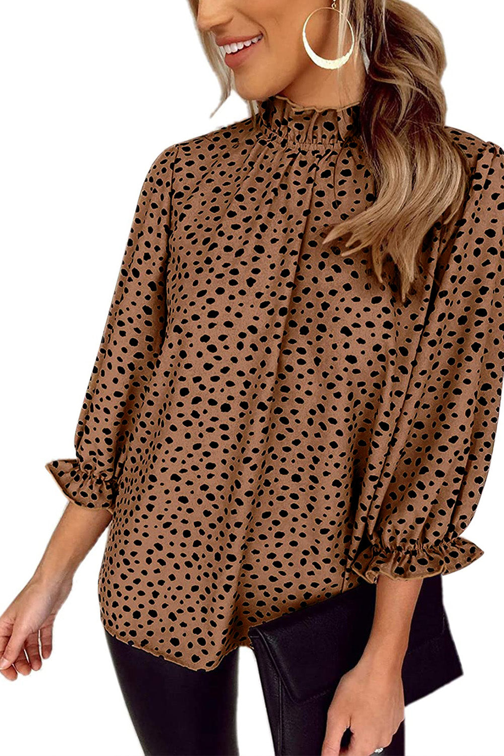 Frilled Neck 3/4 Sleeves Cheetah Blouse | Brown