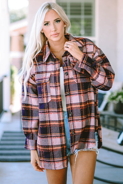 Oversized Flap Pockets Plaid Shacket With Slits | Blue