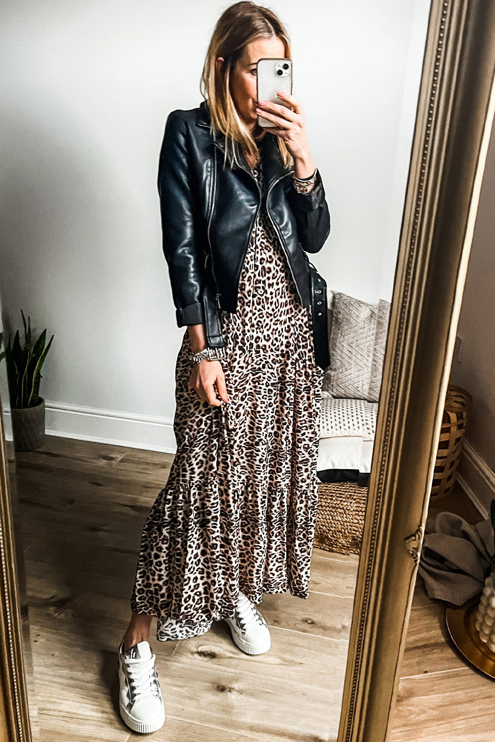 Leopard Print Tiered Wide Sleeve Maxi Dress | Apricot