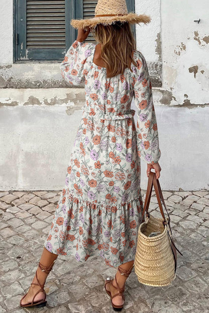 Floral Smocked Long Sleeve Pocketed Dress | Multicolour