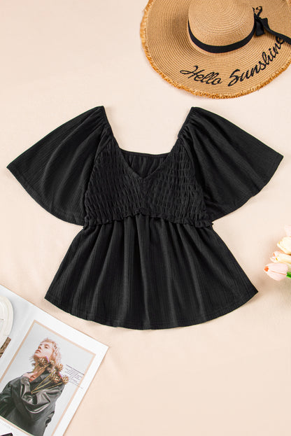 Shirred V Neck Short Flutter Sleeve Textured Blouse | Black