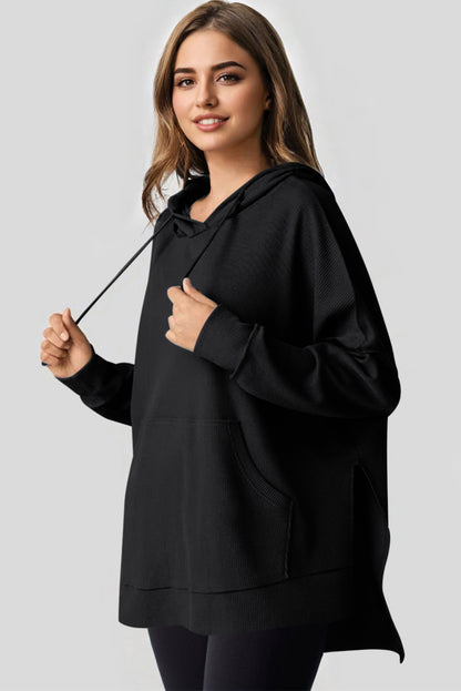 Waffle Knit Fleece Lined High Low Oversized Hoodie | Black