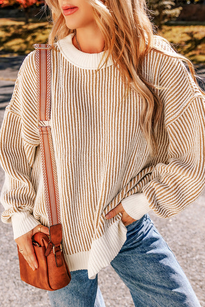 Striped Textured Knit Contrast Edge Loose Sweater | Chestnut