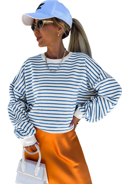 Drop Shoulder Crew Neck Loose Sweatshirt | Blue Stripe