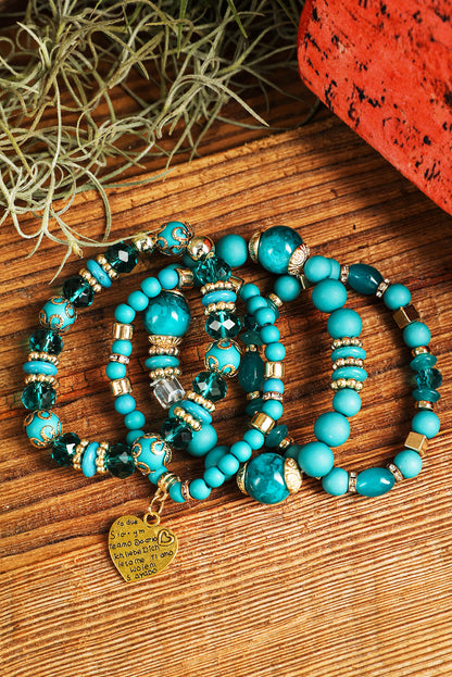 Heart Shape Pendant Multi Layered Beaded Bracelet Set | Turquoise