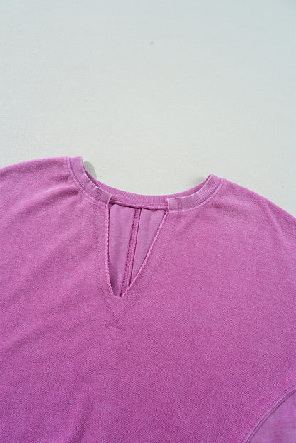 Solid Colour Notched Neck Drop Shoulder Sweatshirt | Bright Pink