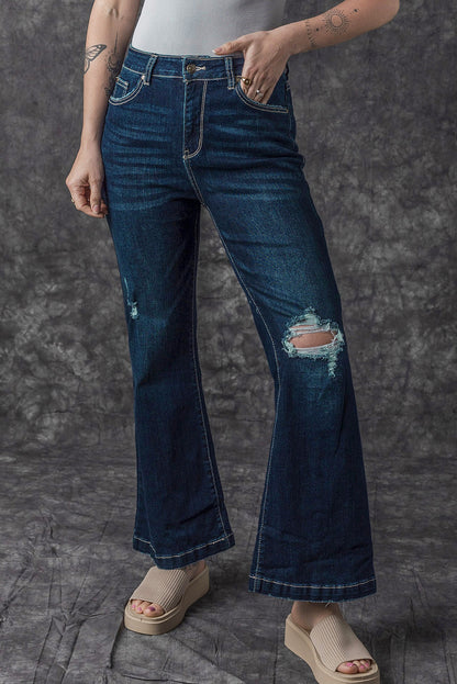 High Rise Ripped Bell Bottom Jeans | Real Teal