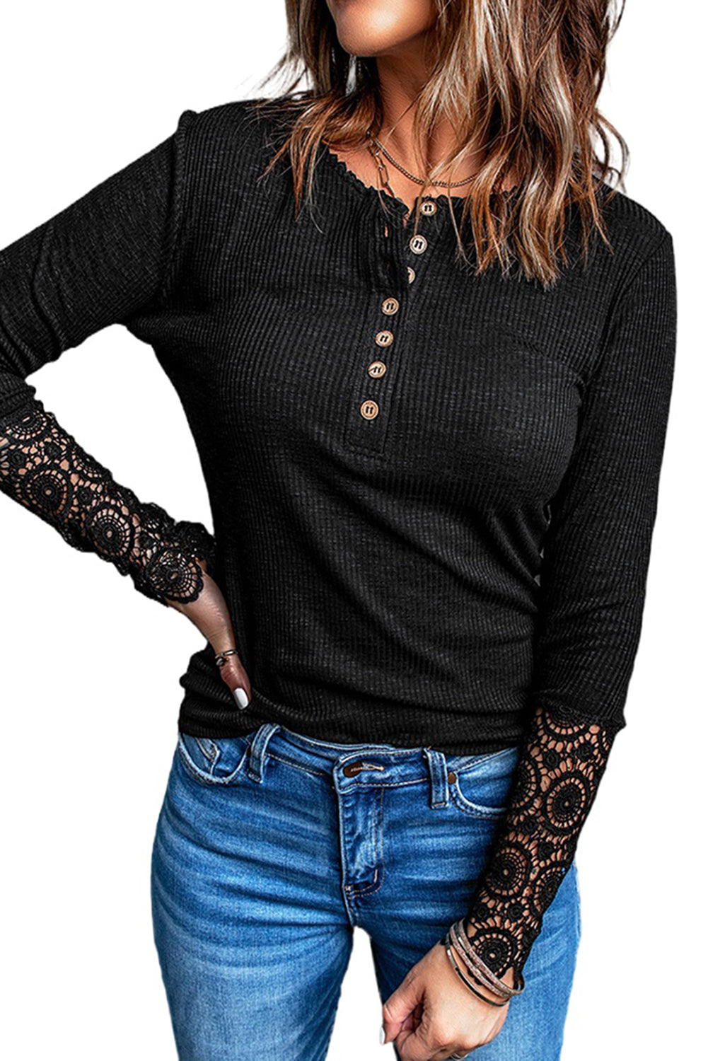 Crochet Lace Hem Sleeve Button Top | Black