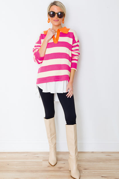 Colour Block Collared V Neck Drop Shoulder Sweater | Rose Stripe