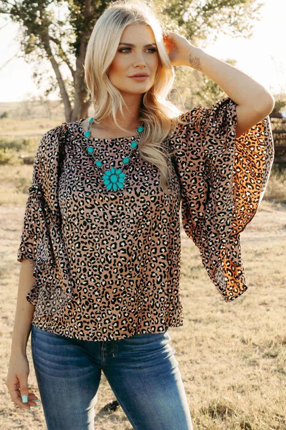 Leopard Print Ruffle Wide Sleeve Blouse | Chestnut