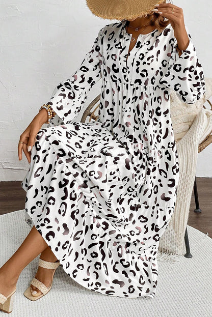 Leopard Print Notch V Neck Loose Fit Maxi Dress | White