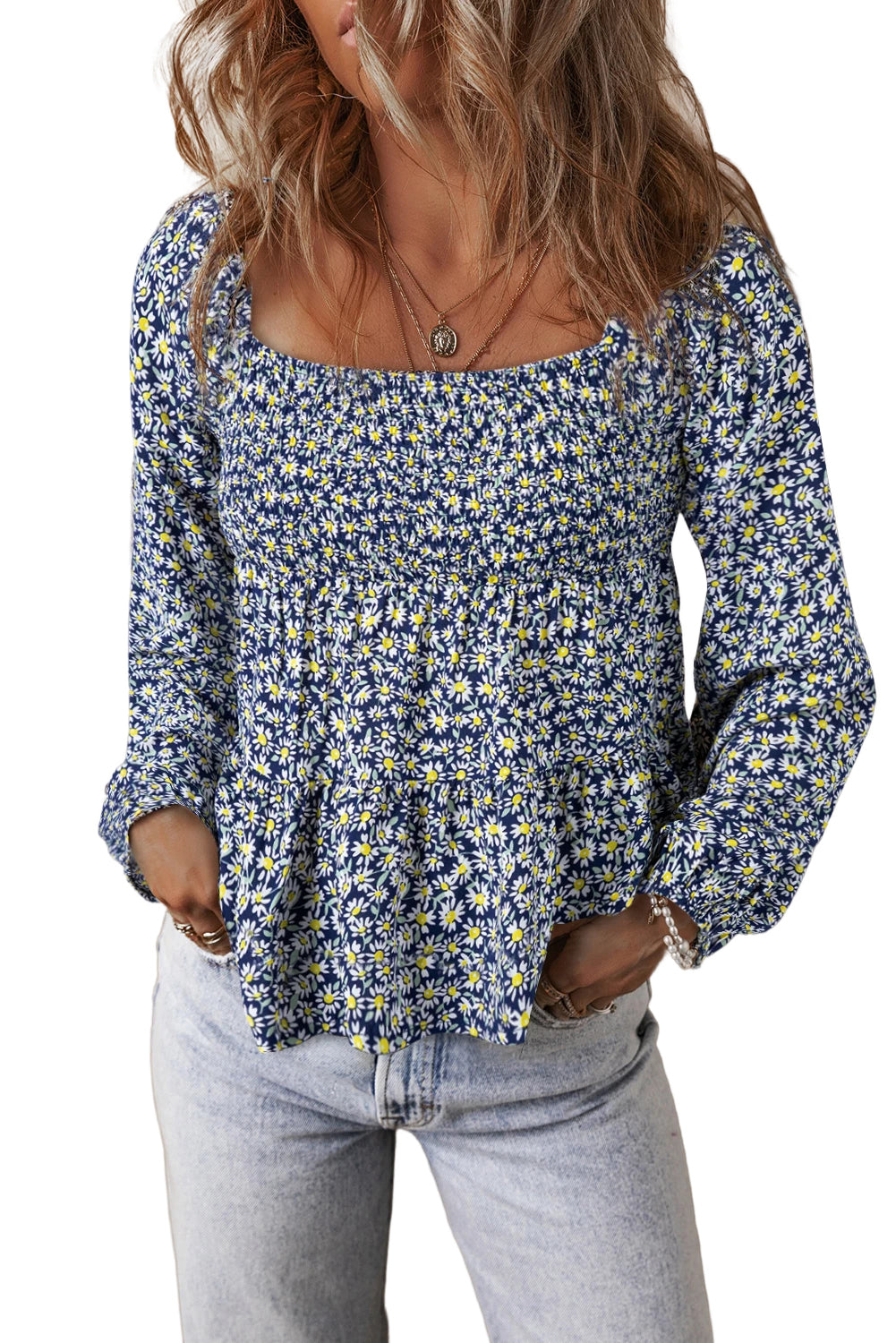 Boho Floral Print Smocked Square Neck Loose Fit Blouse | Blue