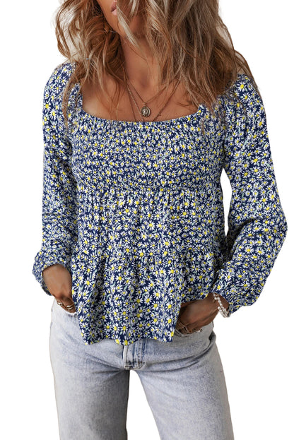 Boho Floral Print Smocked Square Neck Loose Fit Blouse | Blue