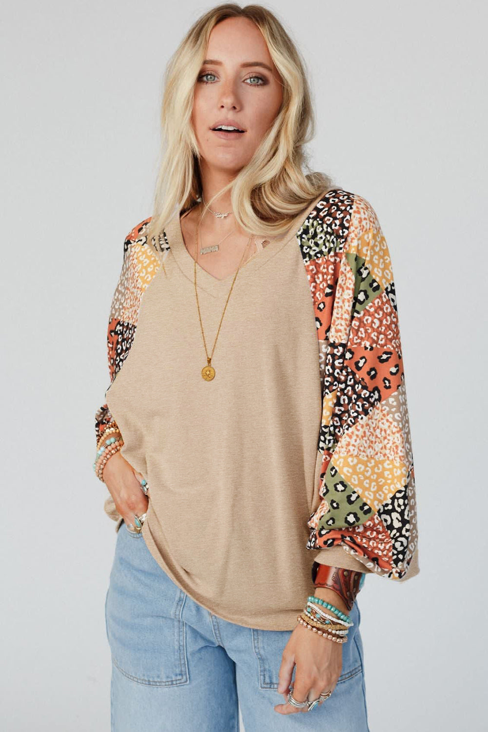 Contrast Printed Raglan Sleeves Patchwork V Neck Loose Top | Parchment