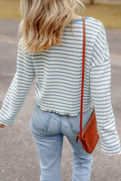 Textured Frilly Trim Buttons Henley Long Sleeve Top | Sky Blue Stripe