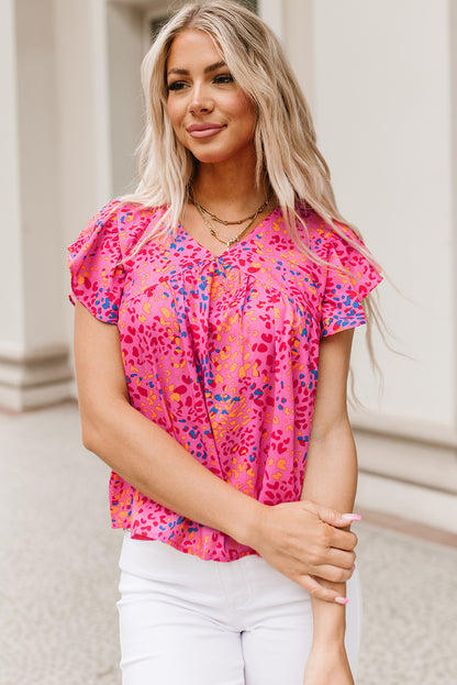 Fiery  Leopard Print V Neck Flutter Sleeve Blouse | Red