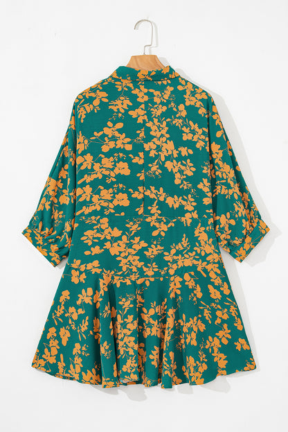 Floral Print Drawstring Tunic Flowy Short Dress | Green