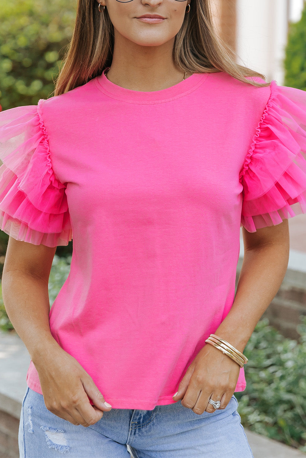 Tulle Ruffle Sleeve Blouse | Pink