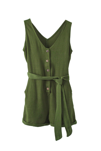 Button V Neck Romper With Belt | Green