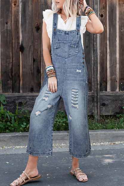 Distressed Bib Pocket Wide Leg Denim Overall | Stone Blue