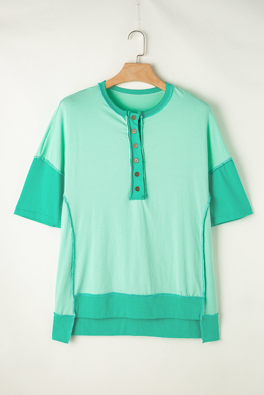 Contrast Colour Patchwork Half Button T Shirt | Bright Green