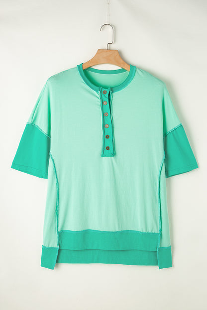 Contrast Colour Patchwork Half Button T Shirt | Bright Green