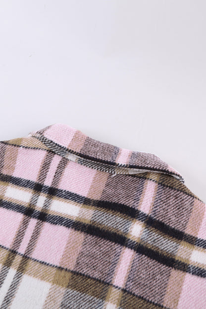 Geometric Plaid Print Pocketed Shacket | Pink