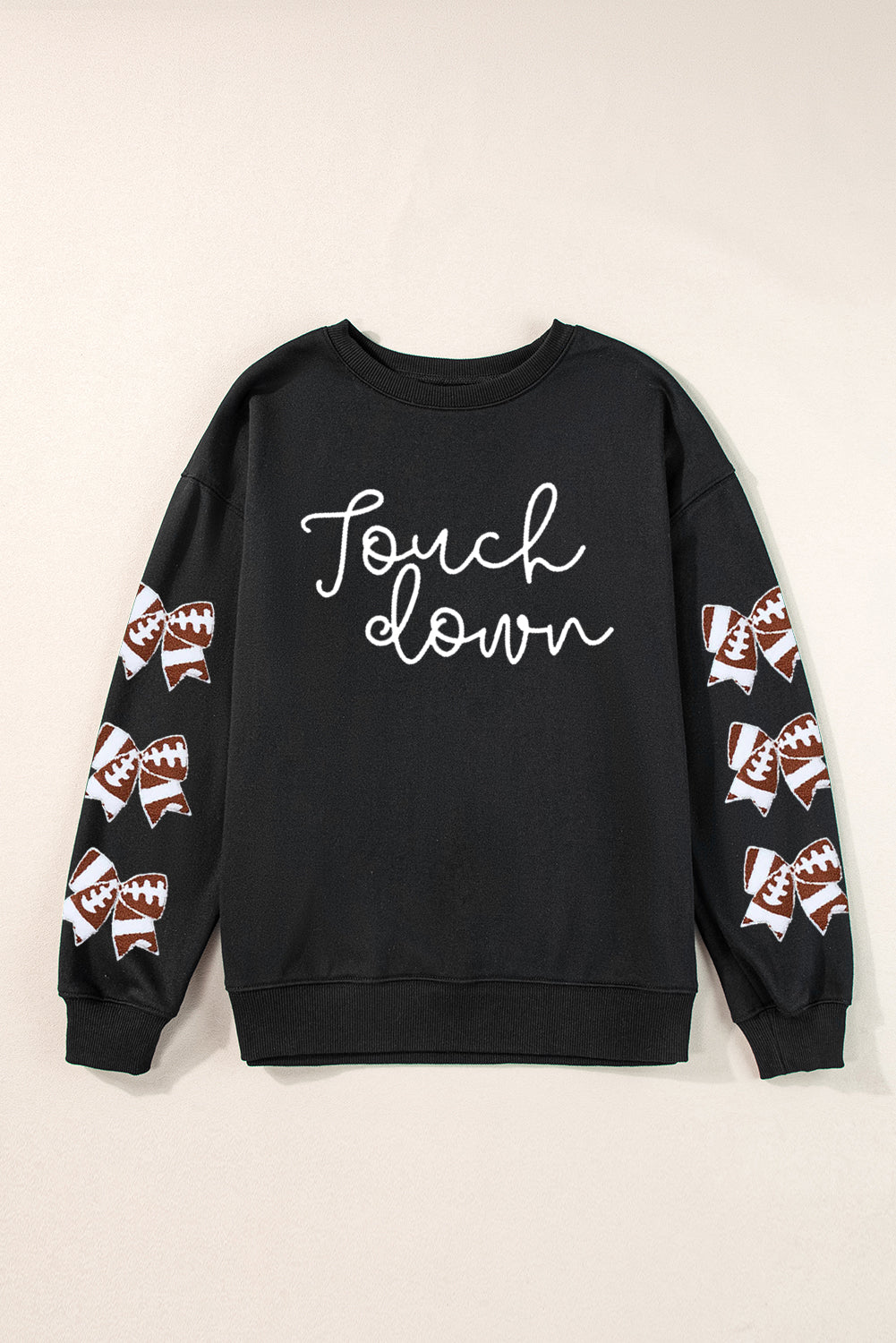 Touch Down Graphic Rugby Football Bowknot Patched Sleeve Sweatshirt | Black