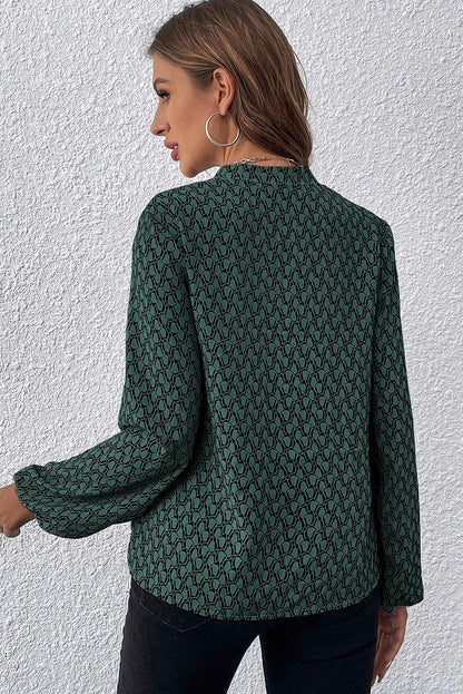 Geometric Print Notched Neck Puff Sleeve Blouse | Green