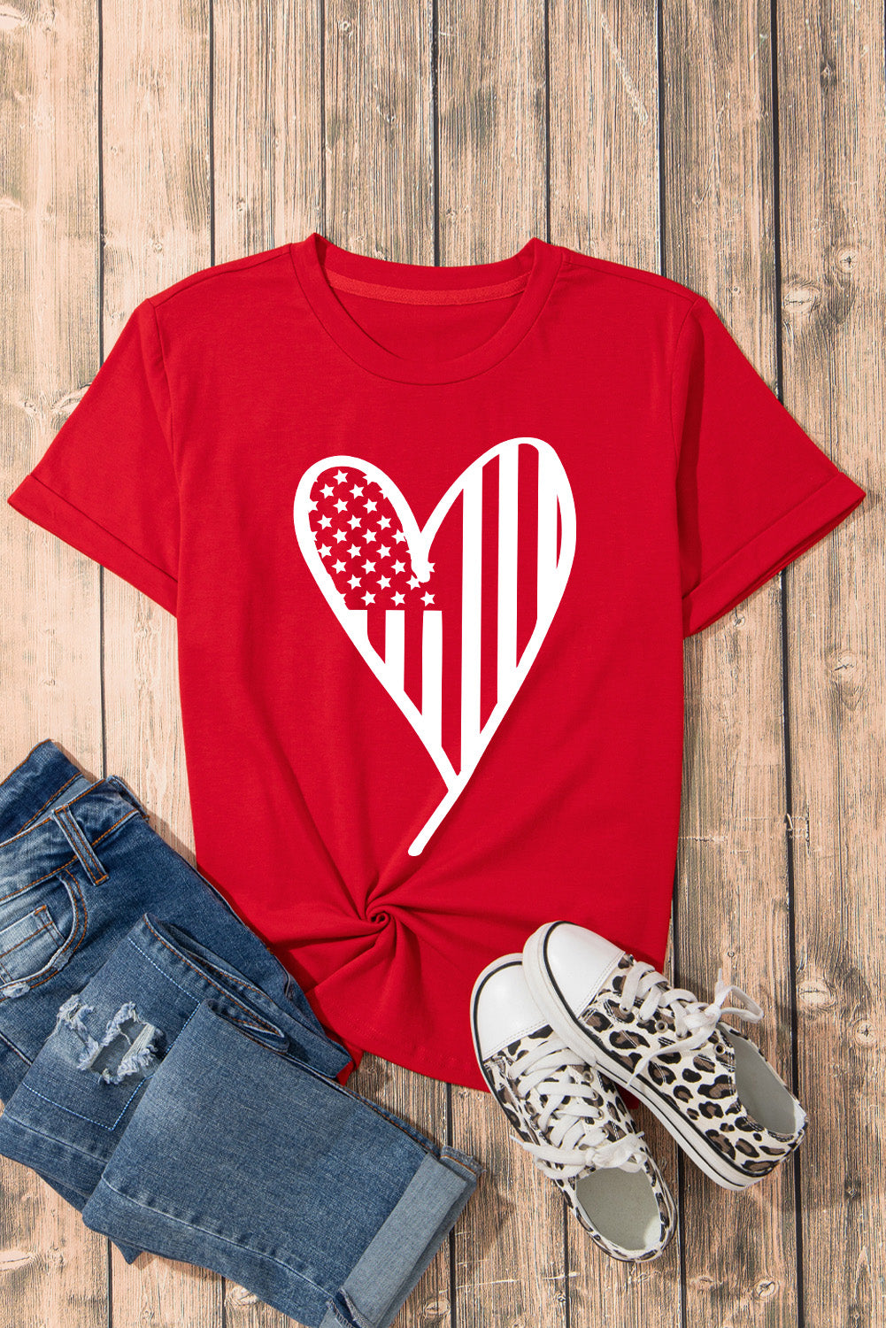 Usa Flag Heart Shape Crewneck Graphic T Shirt | Red