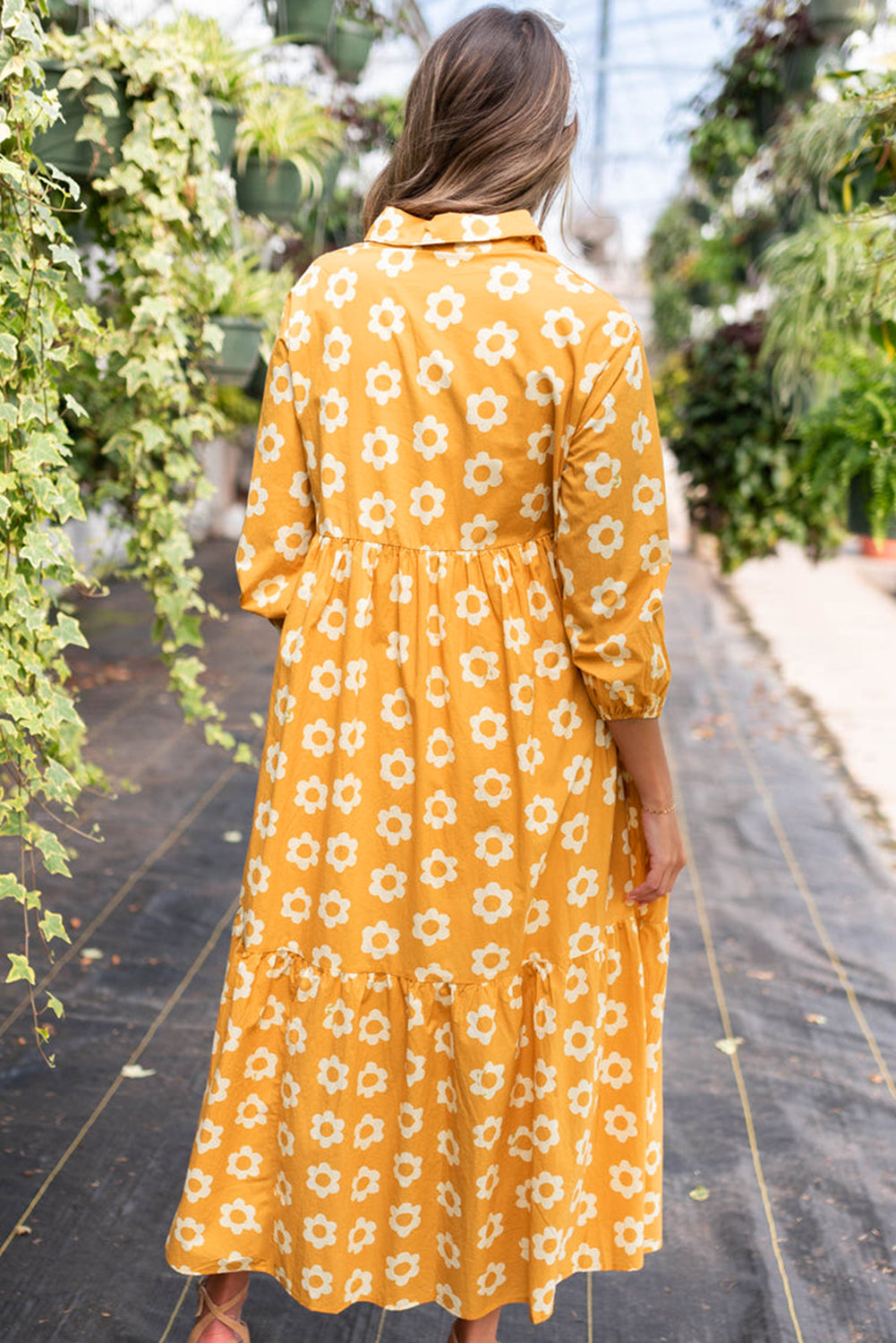 Flower Print Bracelet Sleeve Buttons Collared Maxi Dress | Yellow