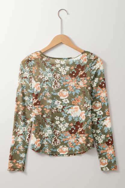 Floral Print Mesh Fitted Long Sleeve Top | Green