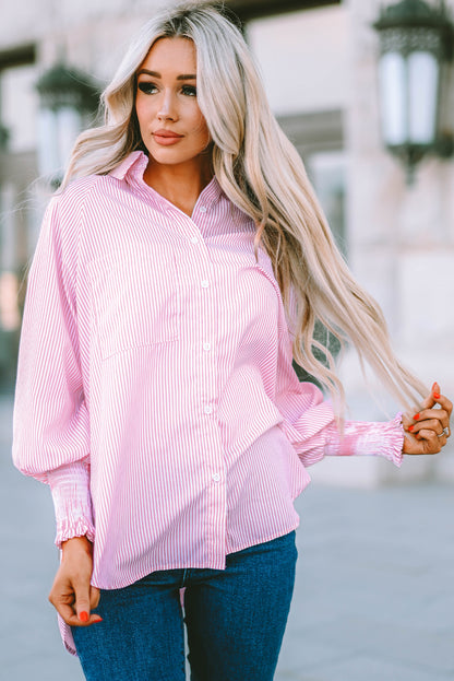 Smocked Cuffed Striped Boyfriend Shirt With Pocket | Pink