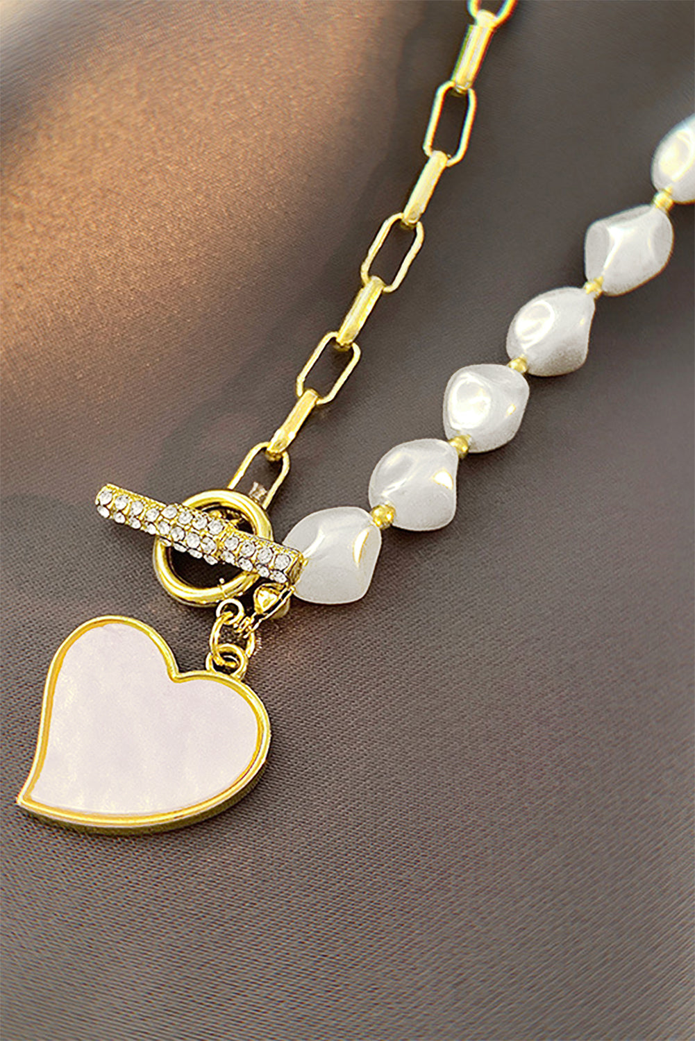 Heart Shape Pendant Rhinestone Decor Pearl Chain Necklace | Gold