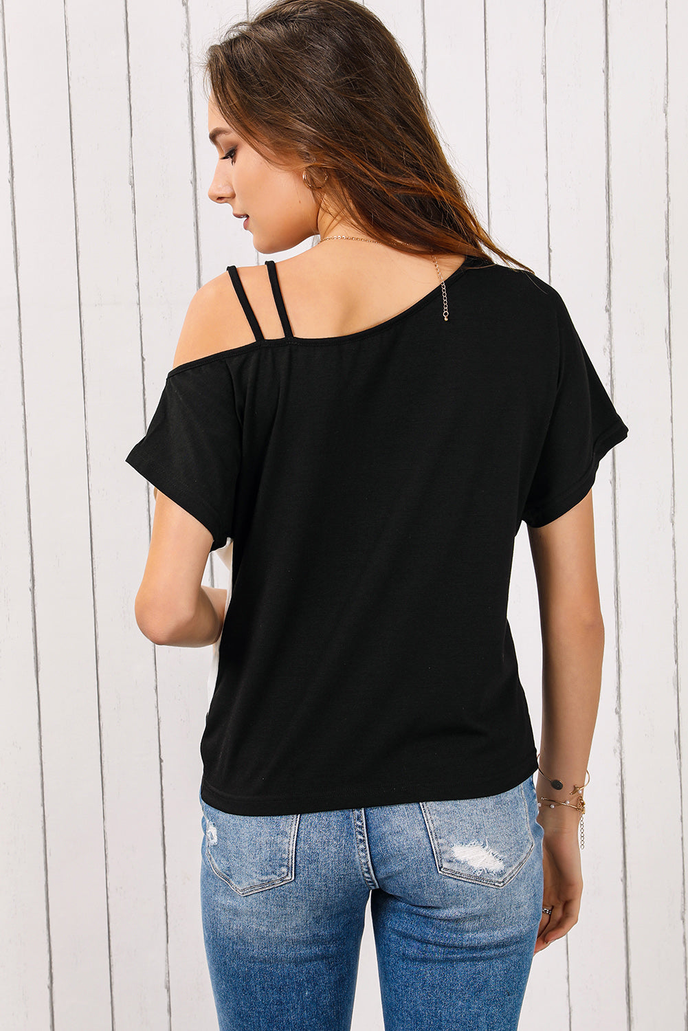 Asymmetric Colourblock Strappy Cold Shoulder Twist Hem Top | Black