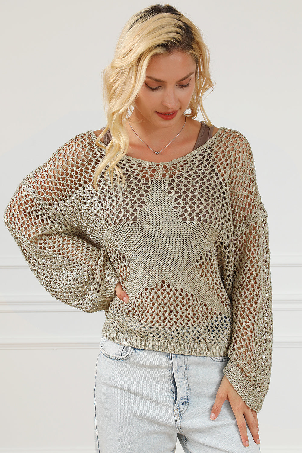 Star Pointelle Knit Baggy Sweater | Light French Beige